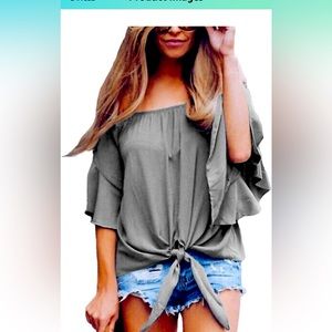 USUASID Women's Striped Off The Shoulder Tops 3/4 Bell Sleeve tie knot